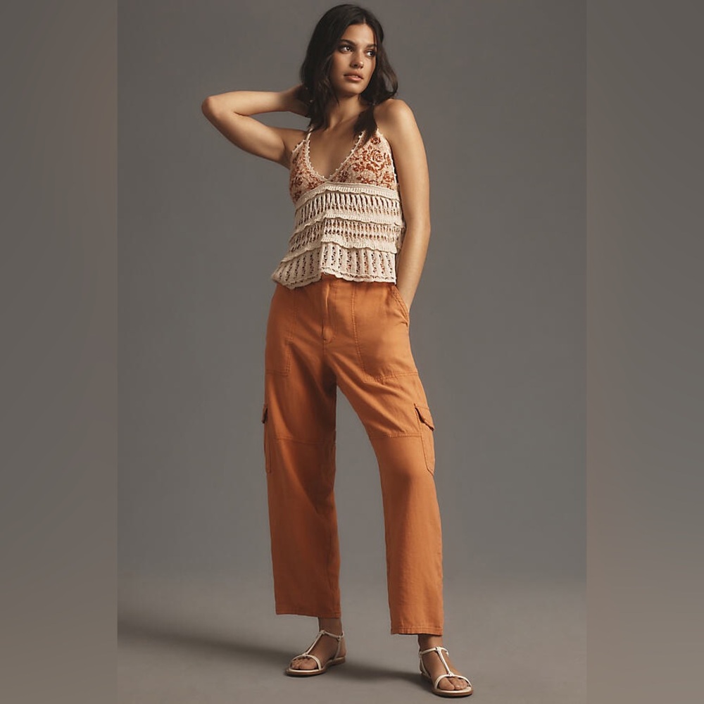 Pilcro Anthropologie Slim Linen Beach Cargo Pants Rust Red 27